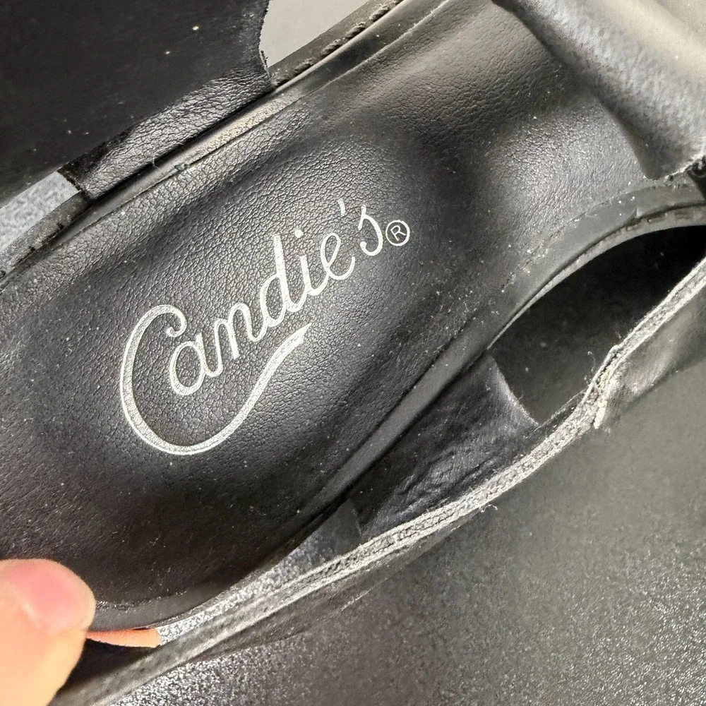 Candies Platform Sandals Women's 7M Black Leather T-Strap Chunky Buckle Heels